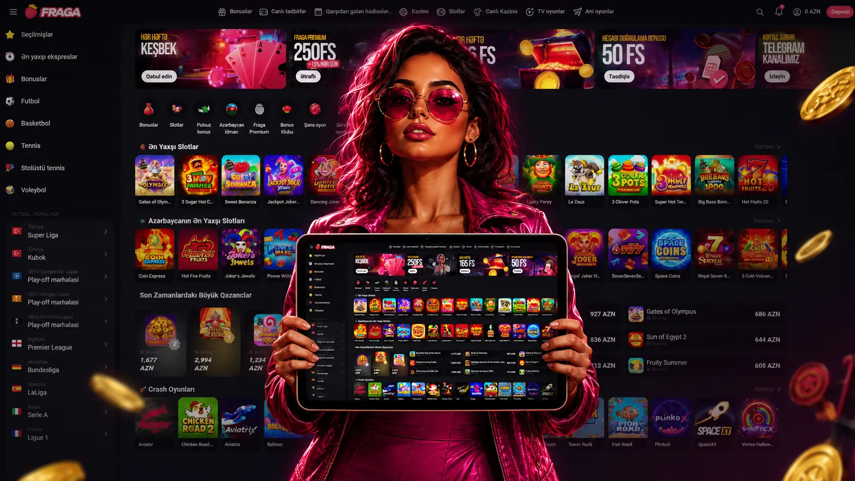 Fraga casino online bölməsində slotlar, canlı oyunlar, Aviator və Fragabet bonus seçimləri
